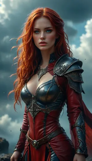 Stunning warrior princess. 30 years old. Long autumn red hair. Red leather clothing. Seductive pose, fantasy mystical setting, mist, cloud, dark, 32k super high quality, ultra realistic, hkstyle, <lora:454069_training_data:1.4>, <lora:Adjust_SDXL_v3.0:1.6>, <lora:MJ52:1.7>, <lora:SDXLFaeTastic2400:1.2>, <lora:hkstyleV5:1.6>