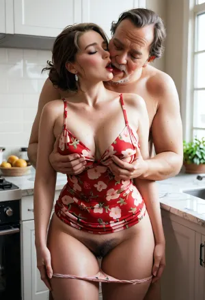A tall very beautiful cute, 40-year-old short brown hair Russian innocent married woman housewife Dressed in a floral summer dress, She's leaning forward fucks at a short depraved turkish old man in kitchen, (the innocent married womanlook is very passionate:1.4), (short fat turkish old man stands behind the woman), she near orgasme, The chest is medium, ((the old man's hold the woman's hair)), ((panties are pulled down, a hairy pussy is visible)), ((rough strong groping hips)), grabing tits, High detail, excellent image quality