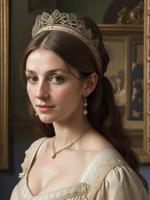 portrait of an French lady 40-years old of 14th century, detailed face, detailed hair, cleavage, Vermeer style