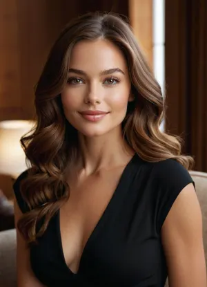 score_9, score_8_up, score_7_up, hidden camera, create a highly detailed and realistic portrait of a kinky young woman with long, flowing brunette hair styled in soft waves, delicate face with a warm, radiant smile showing perfect white teeth, natural makeup emphasizing clear skin, glowing rosy cheeks, subtle eye shadow and well-defined eyelashes. The lighting is dramatic but soft, using warm sunlight rays casting gentle highlights on her hair and face, with ambient indirect light warming the skin tones, capturing texture of the hair and fabric. The woman is dressed in a modern, elegant black top. Background is an exclusive, chic, modern interior with minimalist décor, warm earth tones, and sleek contemporary furniture, emphasizing sophistication and comfort. The image should exhibit exceptional sharpness, rich details, and award-winning aesthetic quality, with balanced composition and harmonious colors.