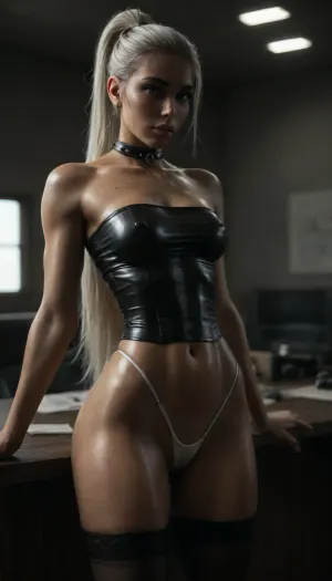 (score_7_up, score_8_up, score_9, 1girl, solo, masterpiece), ((long white ponytail:1.5)), ((tight leather micro skirt)), 25yo girl, (((athletic skin body:1.5))), (narrow waist:1.6), ((hip gap:1.5)), (white g-strings:1.5), (black collar with a clasp), ((into the office)), (oiled skin:1.4), erected nipples, (chiaroscuro lighting:.5), (big athletic booty), (view from front:2), (makeup:1.5), (((arching her back:1.4))), (black stockings with garters:1.6), (garters:1.5), (((black leather tube-top:1.5))), sittings on the chair, navel, ((pussy cameltoe:1)), <lora:sunnyrayyxo_v1_SDXLBase:.4>, <lora:dark:.4>