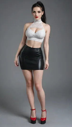 red glossy high heels platform, fully ultra white pale porcelain pinkish skin fully ultra white pale porcelain pinkish skin, fully ultra white pale porcelain pinkish skin, straight hair, long hair, pinkish white albino skin, pinkish white albino, (grey eyes:1.3), black hair, (sleek ponytail:1.3), full face blush, (perfect rounded natural large breasts:1.3), perfect rounded colosal butt, black tight glossy nylon stockings lace, black garter belt, (hyper oiled skin:1.3), black faux leather office luxury skirt, (luxury houndstooth patterned black and white top:1.3), (houndstooth:1.3), hourglass, (wisp waist:1.3), red glossy lips, smooth eyeshadow, hyper lean waist, navel exposed