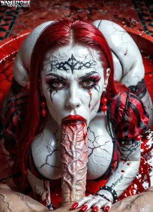 woman, (Bimbo bloody countess:1.3), (Veins on body:1.7), (white skin), Straight long red hair, Curvy, shiny skin, red eyes, (Long lashes), red lipstick, beautiful detailed face, long manicure, looking at viewer, (narrow waist), huge breasts, (veins:1.7), orgasm, (Pleasure), (Pulling), clutching, stockings, thong, transparent Robe, in red castle, on all fours, (red water), Knee up, (POV deepthroat), blood, man, best quality, view from above