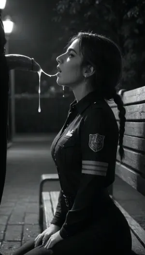 20yo woman kneeling, black hair in braid, woman looking up at man, park bench, night, ((profile)), heavy fog, black and white, silhouette, 9 inch penis, fully erect, penis above woman's head, excessive cum, cum spraying, cum dripping on woman, woman in police uniform, submissive, look of love, uniform streched over large boobs, a, movie, frame, of, the, style, sin-city, <lora:640897_training_data:2>, <lora:sin-city-sdxl-v1-000050:1.3>