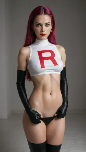 1girl, (Hiperrealistic style), amateur 8k photo, luxurious bedroom black theme, (Pokémon’s Team Rocket Jessie), (Pokémon’s Jessie Team Rocket outfit:1), (hiper detailed body), (25yo), (tall), (slim and fit figure), (narrow waist), (defined hips), (long toned legs), (firm butt), (moderate natural bust), (elegant, confident posture), (smooth fair skin), (toned but feminine physique), (very long magenta hair styled in a high side-swept coil), (large blue eyes), (soft purple eyeshadow), (red lipstick), (white crop top with a red “R” emblem), (white fitted miniskirt), (thigh-high black boots), (black satin opera gloves), surrounded by 6men mandhandling her, she’s pulling her miniskirt down.