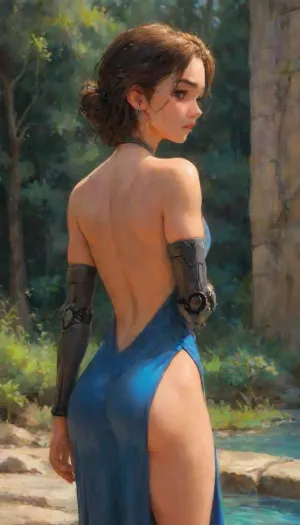(masterpiece, best quality:1.2), from behind, solo, male focus, 1boy, totklink, mechanical arms, expressionless, looking back, earrings, backless outfit, blue dress, detached sleeves, outdoors, best quality, 8k, insane details, intricate details, hyperdetailed, hyper quality, high detail, ultra detailed, professional, HDR, ray tracing reflection, cinematic lighting, highlydetailedbody, realisticface, highlydetailedhair, insanelydetailed, 8K.highdetailedskin, highresolution, perfectfingers, (j_cartoon:1.5), drawing, <lora:xl_totkl:.85>, <lora:SDXLHighDetail_v6-000005:.8>, <lora:samdoesarts1.1-000030:.4>, <lora:J_cartoon:.3>, <lora:Animated_Concept:.4>