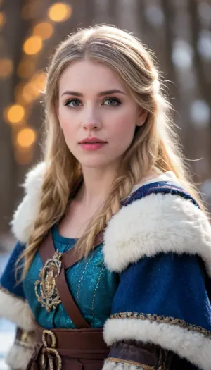 A fiercely proud Nordic girl stands, her presence exuding unwavering strength. Her blonde braids cascade down her back, framing a face marked by determination and resilience. This stunning portrait captures her piercing blue eyes, reflecting the icy landscapes of her homeland. The intricate details of her embroidered Viking armor and fur-lined cloak speak of her warrior spirit. This high-quality painting seamlessly combines power and grace, drawing the viewer into the captivating story of a fierce Nordic warrior princess. body manipulations, divine proportion, non-douche smile, gaze into the camera, holographic shimmer, whimsical lighting, enchanted ambiance, soft textures, imaginative artwork, ethereal glow, silent Luminescence, whispering Silent, iridescent Encounter, vibrant background, full body, (((rule of thirds))), high quality, high detail, high resolution, (bokeh:2), backlight, (long exposure:2)