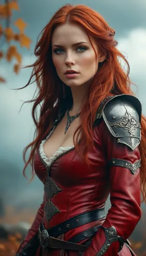 Stunning warrior princess. 30 years old. Long autumn red hair. Red leather clothing. Seductive pose, fantasy mystical setting, mist, cloud, dark, 32k super high quality, ultra realistic, <lora:454069_training_data:2>, <lora:Adjust_SDXL_v3.0:2>, <lora:MJ52:.6>