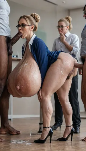 UHD, 32k detail, sharp focus, hyper realistic, score_9, score_8_up, sexy middle aged horse body woman with glasses, ((55 years old:1.8)), ((long sexy legs)), ., (tall woman:1.6), (teacher:1.5), (wrinkled face:1.4), . Standing bent over in a classroom, long blond hair up in a bun, (blond bun hairstyle:1.6), used for sex by 3 men, anal sex, oral sex, (gangbang:1.4), (standing doggystyle:1.4), doggystyle, penis in anus, (anal:1.4), (beauty:1.7), (horse body:1.2), massive natural breasts, (hyper areolae:1.4), (teachers outfit:1.6), ((high heels)), wide open eyes, (glasses:1.4), green eyes, (big eyes), (hyper pubic hair:1.4), (tattoo:1.4), (amazing pussy:1.7), ((cum covered body:1.8)), humantaur, second, human, body, four, legs, feet, <lora:LCMTurboMix_Euler_A_fix:1.6>, <lora:humantaurs_02_20_merge_sdxl:1.6>
