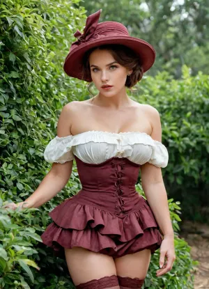 (watercolor), 5, (pastel), high detail, detailed, depth of field, dynamic lighting, masterpiece, detailed_eyes, high_quality, best_quality, high_resolution, (watery_colors), pencil lines, smooth color transitions, vivid_colors, liner, sharp transition, thick bushes, old garden, (female figure in bushes), half hidden by leaves, in old-fashioned dress, full skirt, puffed sleeves, frills and ruffles, burgundy dress, bare shoulders, bare neck, lacing, bonnet hat, dark green hat, brown hair, drill hairstyle, many drills, round face, chubby cheeks, adult, full lips, gray eyes, open forehead, even parting, stands with back to viewer, (huge ass), white bloomers, (bloomers pulled down), bare buttocks, clothes in disarray, skirt hiked up, stockings pulled down, stockings half off, old-fashioned stockings, (stunned), surprised, (adjusting bloomers with hands), disheveled, blushing, plump woman, sexy, caught, (bare ass), off guard