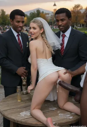 ((interracial:1.3)), A petite skinny tiny bimbo bride, blonde hair, perfect nature, (autumn colors), she will be fucked outside in the German beergarden, (analsex:1.6), (Extreme giant cocks:1.2), (open smile mouth:1.2), (She doing doggystyle on the table and get fucked from behind:1.2), (view from the side:1.2), (extreme gaping vagina), (massive cumshots), (excessive cum:1.1), (short pink braids), (she wear bride costume), cum covered, she have large silicone breasts and small nice ass, (she will be anal fucked from two African men:1.2), they are full clothed in pantsuit, (((public beergarden, crowded, people around))), Sunset, 2boys, hon, (white, bridal, dress, veil:1.5) ((interracial:1.3)), A petite skinny tiny bimbo bride, blonde hair, perfect nature, (autumn colors), she will be fucked outside in the German beergarden, (analsex:1.6), (Extreme giant cocks:1.2), (open smile mouth:1.2), (She doing doggystyle on the table and get fucked from behind:1.2), (view from the side:1.2), (extreme gaping vagina), (massive cumshots), (excessive cum:1.1), (short pink braids), (she wear bride costume), cum covered, she have large silicone breasts and small nice ass, (she will be anal fucked from two African men:1.2), they are full clothed in pantsuit, (((public beergarden, crowded, people around))), Sunset, 2boys, hon, (white, bridal, dress, veil:1.5)