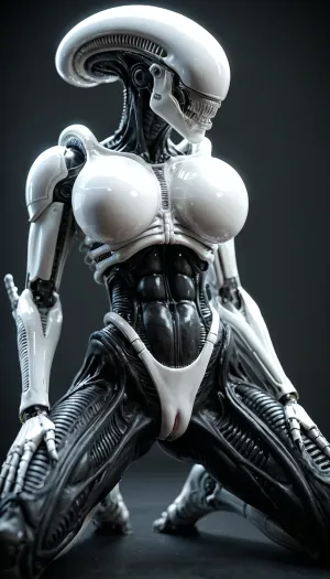 solo Close up of sensual stunning female xenomorph Sensual, erotic, female xenomorph body, female xenomorph exaggeratedly swollen pussy, extreme pussy cameltoe, overflowing female xenomorph pussy, female xenomorph black skin, female xenomorph legs, female xenomorph feet, ((((perfect white robotic hourglass body)))), ((((white robotic face)))), ((((robotic hair)))), ((((super detailed big round white robotic breasts)))), ((((white robotic fullbody))))