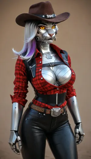 ((female sombra from overwatch)), perfect robotic hourglass body, robotic face, robotic hair, robotic fullbody, solo, medium close-up, western, ((huge chest circumference)), cowboy hat, cowboy leather pants, cowboy boots, cowboy belt, cowboy shirt long sleeves, cowboy leather vest, long cowboy leather coat, female-tiger, tiger-breasts, tiger-teets, tiny-waist, furry-yiff-face, Sexy furry, furry-art, fur, Sexy tiger, tiger tail, tiger face, furry face, anthro-furry-yiff, yiff-anthro-furry-tiger, robotic hair super, big round robotic breasts robotic