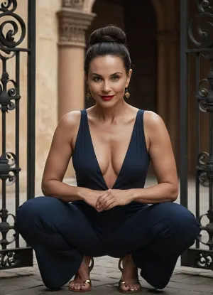 The image depicts a 55yo woman squatting deeply outdoors. Suggesting she had to pee. She is dressed in a stylish navy blue jumpsuit and is squatting confidently in front of an ornate iron gate. The setting appears to be a well-maintained, possibly historic, location.

The image features a beautiful very sexy 55yo woman. Cinematic. well fed with a nice tummy, belly rolls, sturdy thighs, Skin with age marks. Stocky physique. Beautiful Love handles. Round buttocks. Normal overly attractive girl next door. Body according to age with imperfections. Oval face. Pale skin, no tan. Height 170cm. Breast size 80C. Smiling. Dark brunette hair, very thin hair, hair parted on one side. very high forehead. thinning hair with little volume, hair combed back tucked behind ears, Sturdy thighs, little tummy, wide very female hips, Decent makeup. Small eyes. Thin eyebrows. Beautiful capturing mature woman. Smiling. The Woman, • Appearance, She appears to be Caucasian with light skin, dark brunette hair styled in a neat bun on top of her head, and defined facial features. She has red lipstick.
• Attire, She's wearing a navy blue jumpsuit. The jumpsuit has a V-neckline and thin straps. The bodice has an asymmetrical design that drapes across the chest. The pants have a wide, flared leg style. She is wearing light-colored sandals.
• Pose and Demeanor, She is Squatting deep like in a peeing position. She looks slightly down and to the side, as if she is looking at her per. Her posture is confident and she seems to be at ease.

The Background, • Architecture, The background features a cream-colored building with simple architectural details. A wrought-iron gate with intricate gold detailing is positioned behind the woman.
• Elements, A black, ornate wrought iron gate with gold detailing is present in the background. The gate has an intricate design of swirls and patterns.
• Setting, The woman is squatting on a brick-paved surface, likely a sidewalk or patio. Sunlight is visible, suggesting it's daytime.

Lighting and Composition, • Lighting, The lighting appears to be natural, with soft shadows suggesting an overcast or early/late-day sunlight.
• Composition, The image is well-composed, with the woman as the clear focal point. The background elements add visual interest and context. The framing is balanced, and the background elements complement the subject without distracting from her.

Overall Impression and Style, The image exudes a sense of elegance, sophistication, and possibly a touch of glamour. The woman's outfit and pose, combined with the backdrop, suggest a fashion or lifestyle photograph. The overall aesthetic is clean, polished, and visually appealing.