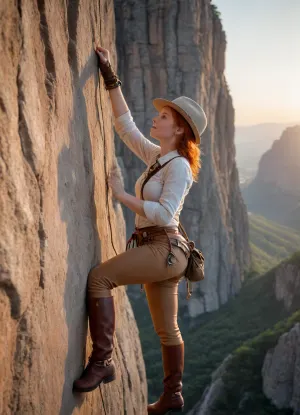 Seen from the side, a woman is abseiling, (alpinism harness attached to a rope hanging from the edge of the cliff), a steep cliff, (covered by prious gems), reaching out to grab a sparkling stone, (diamond, shiny, big), attached to the rock face.
She, a young, (red head, big breast, big ass, slightly smiling), geologist is wearing an adventurer, (safari, fedora hat, beige, brown leather boots), outfit.


Shot during sunset, the shadows create an intense and dramatic atmosphere. The sky is transitioning from blue at zenith to majestic orange and pink at the horizon Solo 1girl, Masterpiece, realism, intricate details, 8K, low angle.