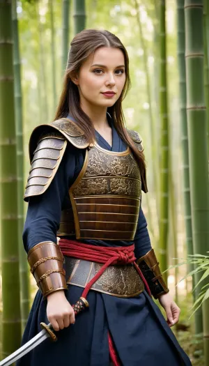 A highly realistic cinematic portrait, ((average girl next door:1.5)), (natural beauty:1.33), gorgeous young looking woman, realistic detailed eyes, realistic detailed face, realistic detailed skin, beautiful brown eyes, fresh face, shy, pale skin, gentle smile, large full breasts, vivid colors, gentle seduction, tight and firm body, petite build, (extremely long light brown hair), . Wearing very simple traditional Japanese samurai ō-yoroi armor, lacquered plates with silk cords, not medieval knight armor, inspired by the movie The Last Samurai. Stands in a forest of bamboo, holding a katana with both hands in the Jōdan-no-kamae stance, sword raised above the head, elbows bent, ready to strike. Cinematic lighting, epic atmosphere, vibrant colors, strong contrast, movie-poster style. Ultra-realistic, photorealistic, sharp details