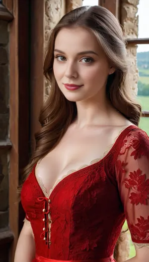((average girl next door:1.5)), (natural beauty:1.33), gorgeous young looking woman, realistic detailed eyes, realistic detailed face, realistic detailed skin, beautiful brown eyes, fresh face, shy, pale skin, gentle smile, large full breasts, vivid colors, gentle seduction, tight and firm body, petite build, (extremely long light brown hair), . She is wearing a dress with lace sleeves that combine black and red colors. In the background, a window with a gr@te is visible, creating the atmosphere of a medieval castle or a Gothic interior.