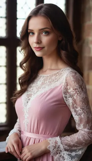 gorgeous young looking woman, realistic detailed eyes, realistic detailed face, realistic detailed skin, beautiful blue eyes, fresh face, shy, fair skin, gentle smile, pink lips, vivid colors, gentle seduction, tight and firm body, (long wavy dark hair), wearing a dress with lace sleeves that combine black and red colors, background shows window with a gr@te visible, creating the atmosphere of a medieval castle or a Gothic interior.
