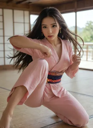 japaness girl, solo 19yo, long hair, dark hair, japan dojo place, midle breast, kimono outfit, fighting trainig, agame, outfit training, kicking, black eyes, brown, perfecteyes, 4ng3l, face, <lora:PerfectEyesXL:.8>, <lora:CinematicStyle_v1:.8>, <lora:SDXL_BetterFaces-LoRA_v1:.8>