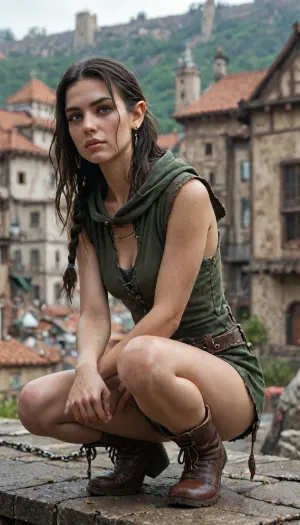 Sneaky female elf rogue, slender and agile, pale moonlit skin, long raven-black hair tied in a loose braid, piercing green eyes scanning the shadows, clad in dark leather armor reinforced with quiet chain, a hood partially concealing her face, twin daggers glinting faintly, crouched atop a moss-covered rooftop in an ancient elven city, faint mist curling around her boots, a faint smirk hinting at danger, cinematic low light, ultra-realistic fantasy art, <lora:detailed_notrigger:2>, <lora:add-detail-xl:.8>, <lora:LCMTurboMix_Euler_A_fix:.8>, <lora:677862_training_data:.8>