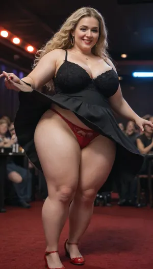 45yo, milf, vuluptous, huge boobs, huge tight ass, blonde, long hair, distinctive jaw, pointy nose, pointy chin, playful blue eyes, enjoyment expression face, overwight, slightly obese, cute sexy face, dominant, big happy smile, nightclub, dancing, low cleavage, upskirt, black tight dress, red lace thong, fucked in ass while standing, small penis, anal