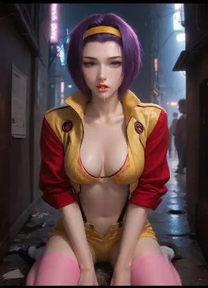 (((Masterpiece))), best quality, high resolution, hires, score_9, score_8_up, score_7_up, score_6_up, (Faye Valentine:1.4), beautiful face, beautiful eyes, exhausted expression, yellow silk bra, yellow short shorts unbuttoned, red jacket, pink stockings, black string thong, clothes moved, short purple hair, athletic body, big breasts, hard gumdrop nipples, on knees, exhausted, streams of cum, streams of cum on face, cum dripping from mouth, close up, face shot, in a cyberpunk city, in a alleyway, neon lightning, ratatatat74, incase style, anime fantasy, fv4lent, yellow_outfit_pink_thighighs, red, jacket, Neonlight, <lora:287175_training_data:1.4>, <lora:ratatatat74-000050:1.4>, <lora:faye-anime:1.4>, <lora:cbcity2:1.4>