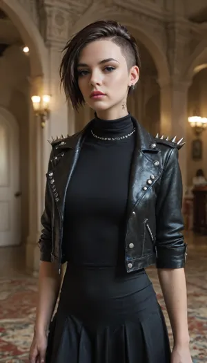 (masterpiece, best quality:1), 1 czech 25yo woman, famous pop singer, (she wears a high neck black velvet jacket, collar with big spikes, black tulle skirt:1.4), indoors in a opera house, (short brunette razor cut hair:1.4), (punk:1.2), brown eyes, black eyeshadows, glitter stones at the corners of the eyes, piercing in nose, photorealism, 80s, punk, clothing, <lora:80s_punk_clothing:.5>