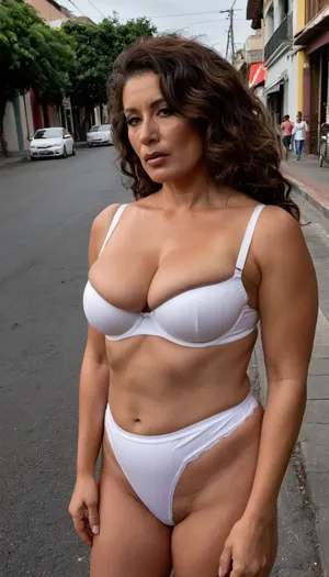 40 years old Mexican woman, wearing white brassiere, white high waisted panties, sexy mature woman, real face, brunette, skin blemishes, brown color hair, no makeup, moody, full hd, natural realistic body, wavy hair, 3/4 body view, rich Mexican street, hyper realistic photo, 8K, mature appearance, milf