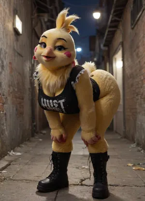 (((a furry female chicken posing in a dark alley at night))), bending over, big round booty, huge tits, yellow feathers, heavy makeup, hourglass figure, wearing torn shirt, black combat boots, fishnets, pink miniskirt, 8k, masterpiece, insanely detailed, weepinbell, fursuit, 80s, punk, clothing, bmbplora, <lora:FursuitXL:1>, <lora:80s_punk_clothing:.8>, <lora:bimboxl_02:.7>