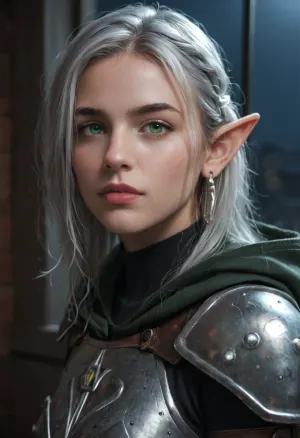 realistic female elf rogue, sharp long ears, silver hair, green eyes, sleek skimpy leather armor, hood partially covering face, night, darkness, sneaking in through a moonlit window, shadows and dramatic lighting, stealthy and tense atmosphere, photorealism, ultra-detailed, 8k, masterpiece, best quality