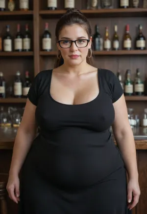 Ultra realistic portrait, anatomically correct, masterpiece, best high quality, ultra details, realistic, RAW Photo, perfect anatomy, 4k, 8k, quality lighting, detailed hands, detailed eyes, (obese:1.1), elderly, woman, long black v-neck spaghetti strap T-dress, brunette hair in a loose ponytail, extremely exaggerated saggy breasts, glasses, hoop earrings, massive thighs, massive hips, standing, in a bar, black t-shirt, <lora:Diane Choksondik:.2>, <lora:BGV5EX:.7>, <lora:add_detail:1>