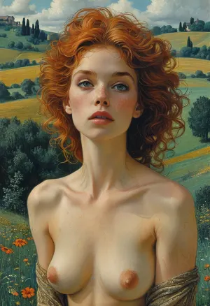 woman, 50 years old, (small body size:1.3), naked, (pubic hair:1.4), full body, Jean, Delville, style, of, Michael, Cheval, <lora:tbh140-sdxl:.6>, <lora:tbh129-sdxl:.8>