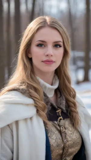 A fiercely proud Nordic girl stands, her presence exuding unwavering strength. Her blonde braids cascade down her back, framing a face marked by determination and resilience. This stunning portrait captures her piercing blue eyes, reflecting the icy landscapes of her homeland. The intricate details of her embroidered Viking armor and fur-lined cloak speak of her warrior spirit. This high-quality painting seamlessly combines power and grace, drawing the viewer into the captivating story of a fierce Nordic warrior princess. body manipulations, divine proportion, non-douche smile, gaze into the camera, holographic shimmer, whimsical lighting, enchanted ambiance, soft textures, imaginative artwork, ethereal glow, silent Luminescence, whispering Silent, iridescent Encounter, vibrant background, full body, (((rule of thirds))), high quality, high detail, high resolution, (bokeh:2), backlight, (long exposure:2)