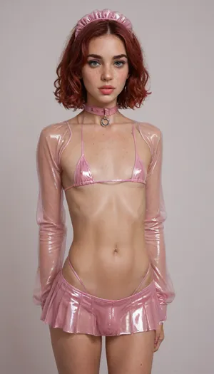 ((caucasian androgynes 28 yo femboy, male chest, flat chested, no breasts, small flaccide penis, red hair, medium hair, straight hair)), ((very skinny and tall)), 18 yo, bimbo slut, transparent plastic micro jacket, (freckles:1.5), ((very big plump lips)), tiny breast, flat chest, heavy bimbo makeup, ((bimbo makeup, intense saturated glossy magenta lipstick)), transparent light pink plastic micro bikini, (light pink latex pleated micro skirt), light pink latex ears headdress, slave metal collar, ((femboy, penis bulge in panties)), club background