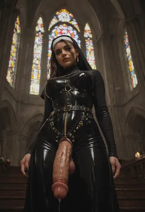 mature, 40yo, nun, latex, strapon dildo, gold harness, view from below, dark gothic church, dynamic, lighting, <lora:Dynamic_Lighting_by_Stable_Yogi_SDXL3_v1:.8>, <lora:580159_training_data:1.3>