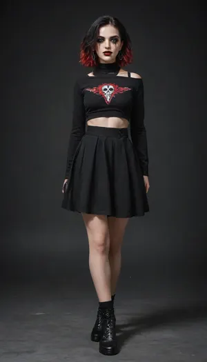 full portrait, gothic setting, grim, gore. Beautiful trans woman, emo, heavy makeup