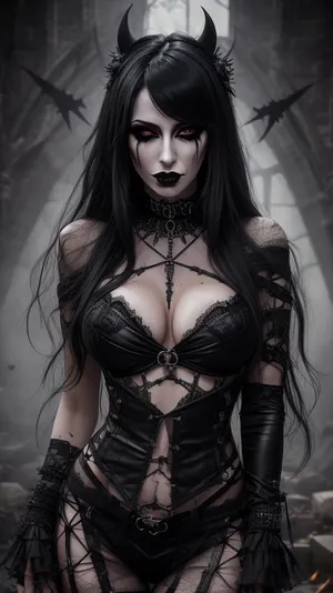 full portrait. gothic, grim, satanic ritual setting. Beautiful trans woman, emo, heavy makeup, ripped clothes