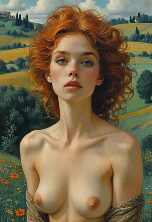 woman, 50 years old, (small body size:1.3), naked, (pubic hair:1.4), full body, Jean, Delville, style, of, Michael, Cheval, <lora:tbh140-sdxl:.6>, <lora:tbh129-sdxl:.8>