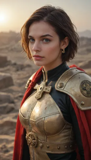 realistic Jill Valentine as a Warhammer 40k Rogue Trader in battle, fierce and commanding, wearing ornate gothic voidsuit armor with gold trim and a flowing crimson cape, purity seals and Imperial symbols across her armor, wielding a gilded power sword crackling with energy in one hand and a plasma pistol in the other, leading a boarding action aboard a burning starship, chaos of gunfire and melee around her, grimdark atmosphere, cinematic photorealism, ultra-detailed textures, dramatic lighting, volumetric light, ray tracing reflections, epic composition, depth of field, highly detailed environment, 8k, masterpiece, best quality