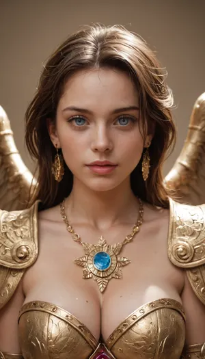 realistic Rebecca Chambers as the Muse of War and Song, final ascension, radiant and divine, large breasts, wearing celestial bardic armor woven with starlight and glowing runes of music, eyes glowing with inspiration, playing a radiant crystalline lute that shines with divine light, spectral orchestras of glowing instruments swirling around her, voice and music reshaping the battlefield, radiant wings of pure sound and light extending behind her, armies united under her divine harmony, cinematic photorealism, ultra-detailed, epic scale, 8k, masterpiece, best quality