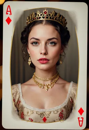 Playing cards queen, raw, lighting, overexposed, harsh, flash, <lora:Rawfully Stylish v0.2_epoch_20:.8>, <lora:MJ52:.8>