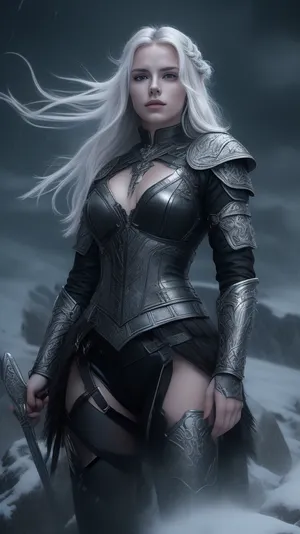 --prompt "A majestic Norse sexy beautiful warrior woman, Alva, age 30, fierce yet beautiful, with pale skin and subtle scars, (platinum blonde braided hair with loose strands flowing in the wind), ((standing triumphantly atop a cliff in Valhalla)), ((She wears intricate silver armor engraved with glowing electric-blue runes)), (hyper-detailed metallic reflections.), (Alva raises Gungnir, a legendary spear with a weathered leather grip and a crimson ribbon billowing like living fire), captured in slow-motion., ((She rides Aetheria, a regal griffin with black-and-white feathers and storm-like glowing eyes)), . Background, Valhalla under vibrant auroras in purple, pink, and green, melting snow under a rising sun with golden rays piercing the scene. Style, photorealism blended with vivid anime contrasts, saturated colors, dramatic lighting with sharp light flares. --lora, epic_detail, 1.4--lora, (dynamic_wind:1.4), --lora, nor, Toni, Infante, Sillage, Comic, <lora:cfg_scale_boost:2>, <lora:DetailedEyes_V3:2>, <lora:573854_training_data:2>, <lora:toni_infante_xl_v3:2>, <lora:sillage_xl_v1:2>