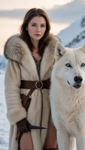 Fictional image, Greenland, in the middle of winter, ((1 female hunter dressed in fur)), ((and her dangerous arctic wolf)), (((are preparing to go hunting))), . They pose for a photo with their beautiful, ((dangerous arctic wolf with white)), fur and sky-blue eyes. The perfection and detail are extraordinary, and its noise-free definition is perfect.