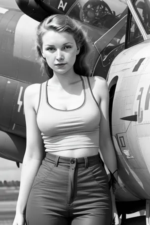 Airplane fighterplane, WW2, beautiful young feminin pilot, hard young face .White nearly transparent Tanktop, hard nippels visible under the tanktop, in the front of the aiplan, full body visible, she is dirty, dirty pants, just back from the job