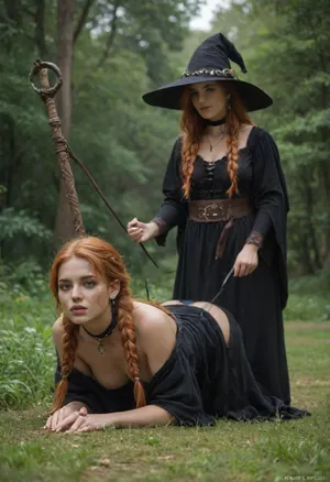 After the battle, defeated female, female looking forward, obedient corrupted female, french female, female wearing a leash, lush hair, ginger hair, braids, female in wizard robe and hat, (her magick staff laying next to her), chocker on neck, female standing on all fours