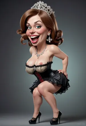 ((funny caricature:2)), face of crazy women, hot milf caricature, busty hourglass midget body, irish female, ((rich diadem)), (saggy breast with erecting nipples), (big cartoonish head), exaggerated caricature features, focused expression, ((wearing corset with lace, on high heels)), SEE BREAST, caricature style, playful color scheme, view from side
