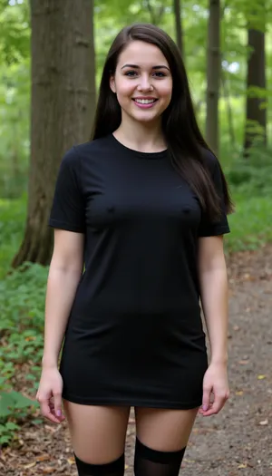 black dress, black hair, (bubs size:4), medium ass, smile, black stockings, purple lips, (walk in forest), (small body)