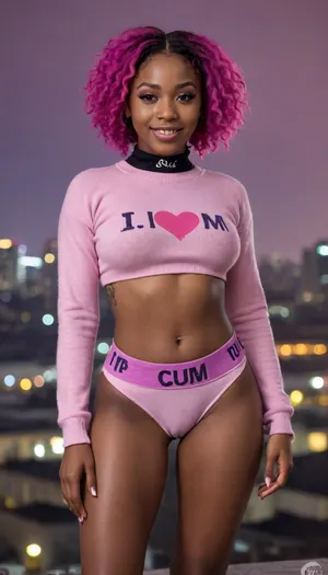 full portrait of african ebony woman, ((20 years old)), cheeky smile, ((high detailed black ebon skin)), high quality, detailed ebon skin texture, (highly detailed pink hair), ((skinny body)), ((slim body)), (realistic), soft focus, insanely detailed, highest quality, ((cropped sweater with the words " I ❤️ CUM " in purple writing on front)), midriff, (wide hips), choker on neck, (hairy pussy), naked pussy, messy shaggy Bob haircut, large breasts, (underboob:1.3), Nigerian woman, dyed hair, night city in background