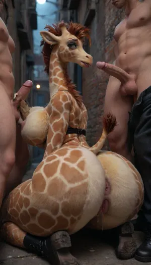 UHD, 8k detail, sharp focus, hyper realistic, score_9, score_8_up, (((a furry female giraffe having sex with a group of human males in a dark alley at night))), gangbang, spotted fur, heavy makeup, ((big natural tits:1.4)), hourglass figure, black combat boots, fishnets, pink miniskirt, (detailed pussy), facing camera, looking up at camera, close-up, 8k, masterpiece, insanely detailed, weepinbell, fursuit, 80s, punk, clothing, ass, hips, narrow, waist, large, breasts, big, boobs, huge, tits, bukkake, <lora:FursuitXL:1.2>, <lora:80s_punk_clothing:.8>, <lora:BodyLicious:1.1>, <lora:bombshell_v2:1.2>, <lora:MS_Real_XL_Bukkake:1.5>