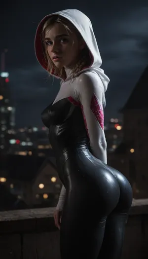 night, clear weather, (((18 years old))), (((young))), (shy and embarrassed:1.4), (spider girl Gwen Stacy), Braided side Side Cornrows Hair, (tight outfit), (athletic body:1.5), hood on head, (hip gap:1.3), wide hips, (narrow waist:1.4), (blonde with pink strands), (view from full side:1.6), climbs to the roof of a high-rise building, (makeup), New York day, ((pussy cameltoe:1.4)), (shining wet clothes), (makeup:1.2), (oiled skin:1.5), (wet shining tight bodysuit:2), hand, 1girl, (athletic ass:1.6), (medium natural breast:1.5), (high detailed face:1.5), dim lights, (hard nipples:1.3), (chiaroscuro lighting:.3), <lora:HandFineTuning_XL:1>, <lora:MGLRbodysuit_sdxl:.6>, <lora:uberfit_lora_sdxl:.4>, <lora:dark:.3>